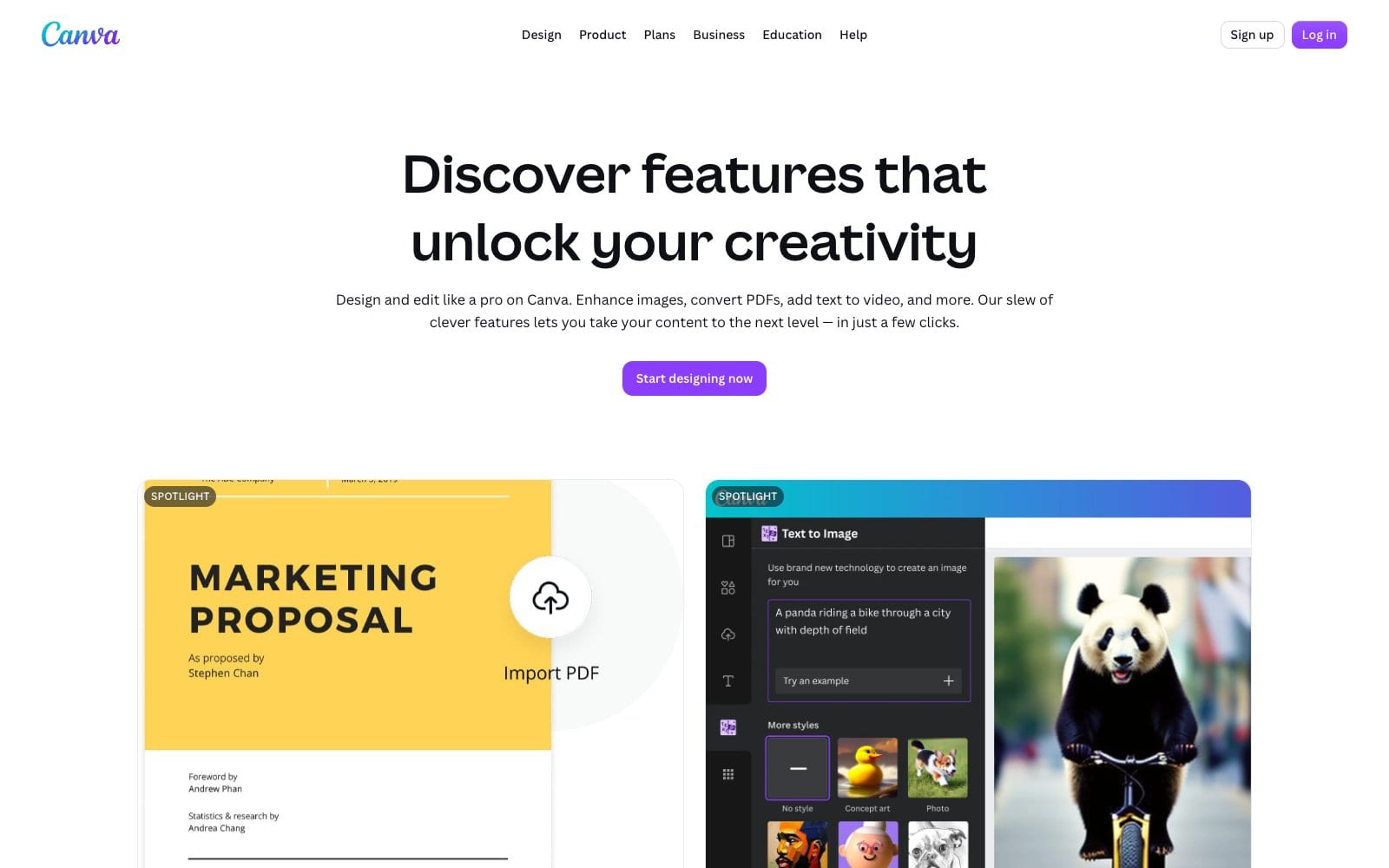 Screenshot of Canva features page
