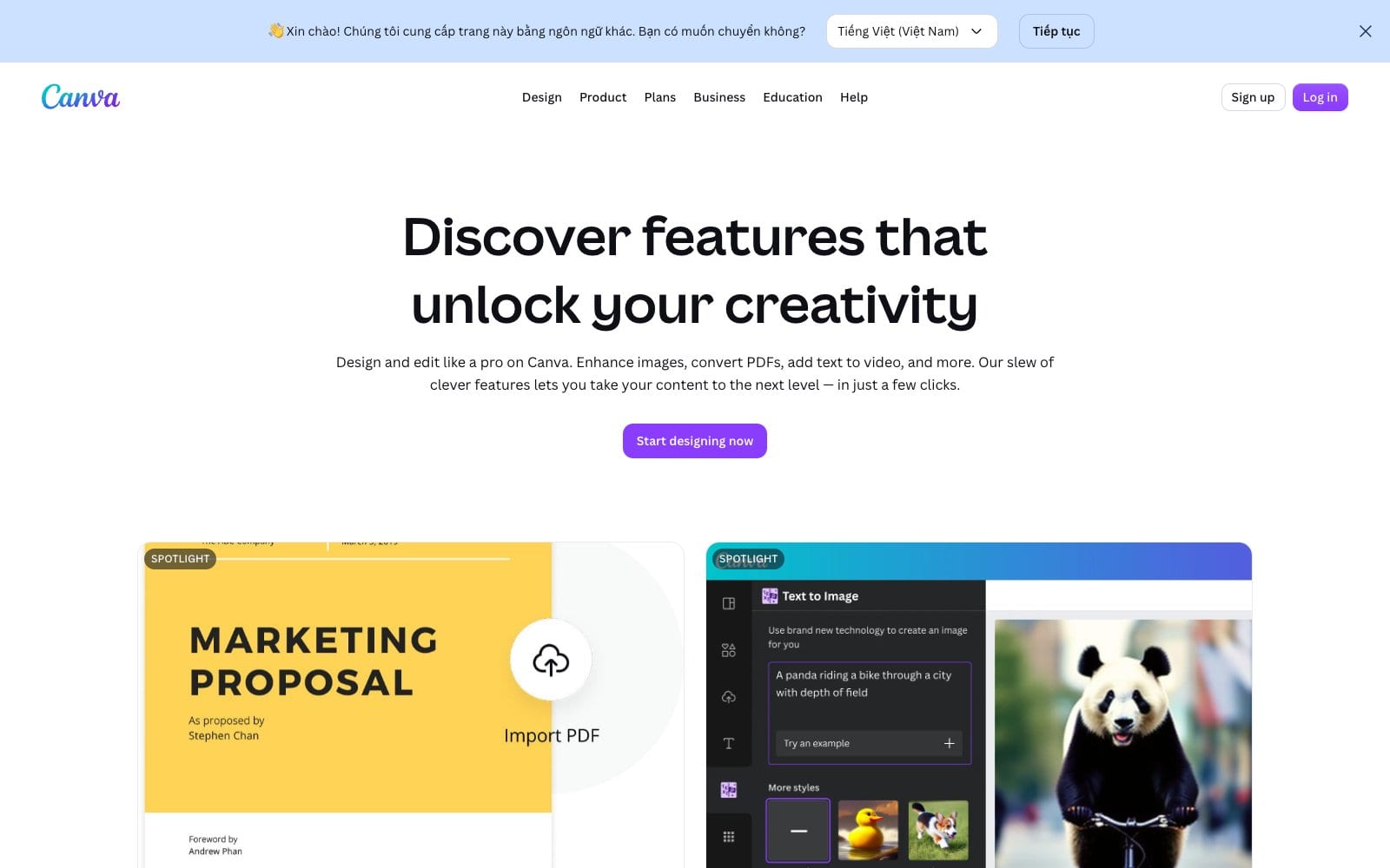 Canva features page listing the editor, templates and collaboration tools