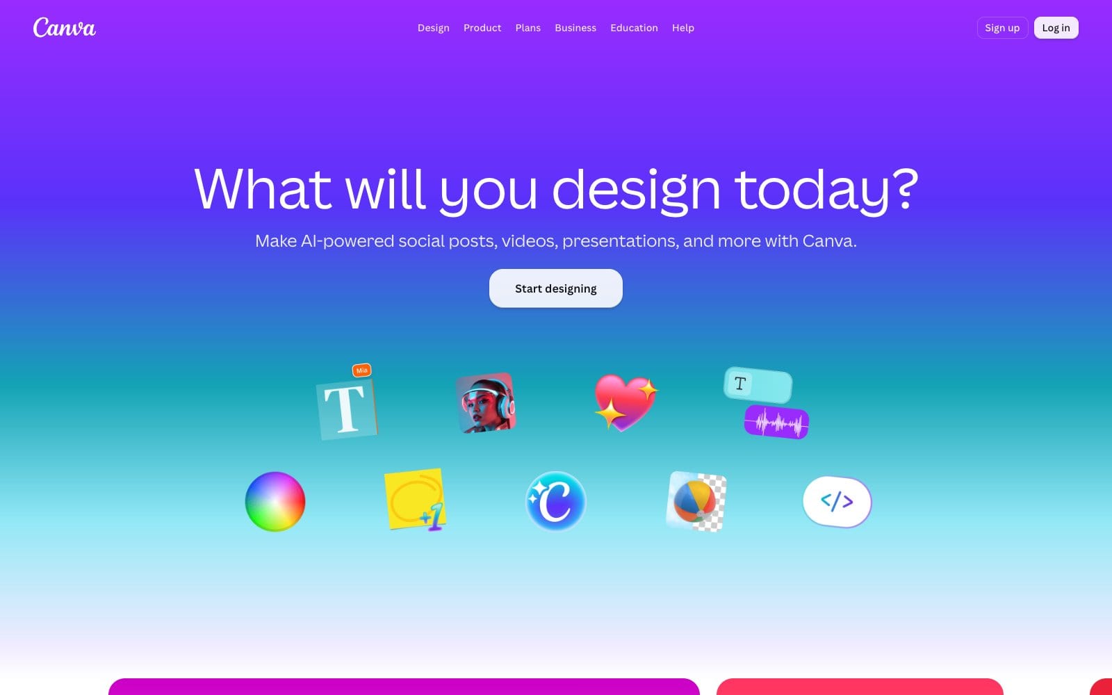 Canva home page with the design-type picker and AI tools
