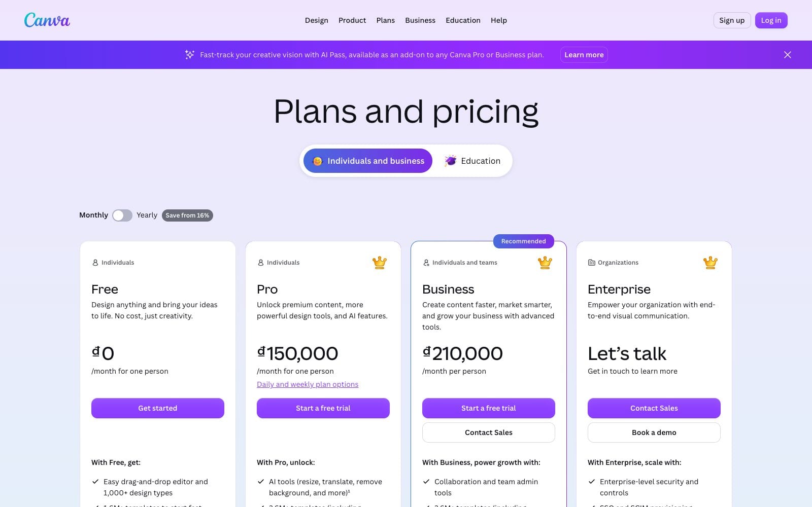 Canva pricing page comparing the Free, Pro and Teams plans