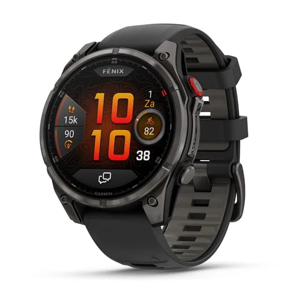 Garmin Fenix 8 Pro multisport watch with a map screen on the trail