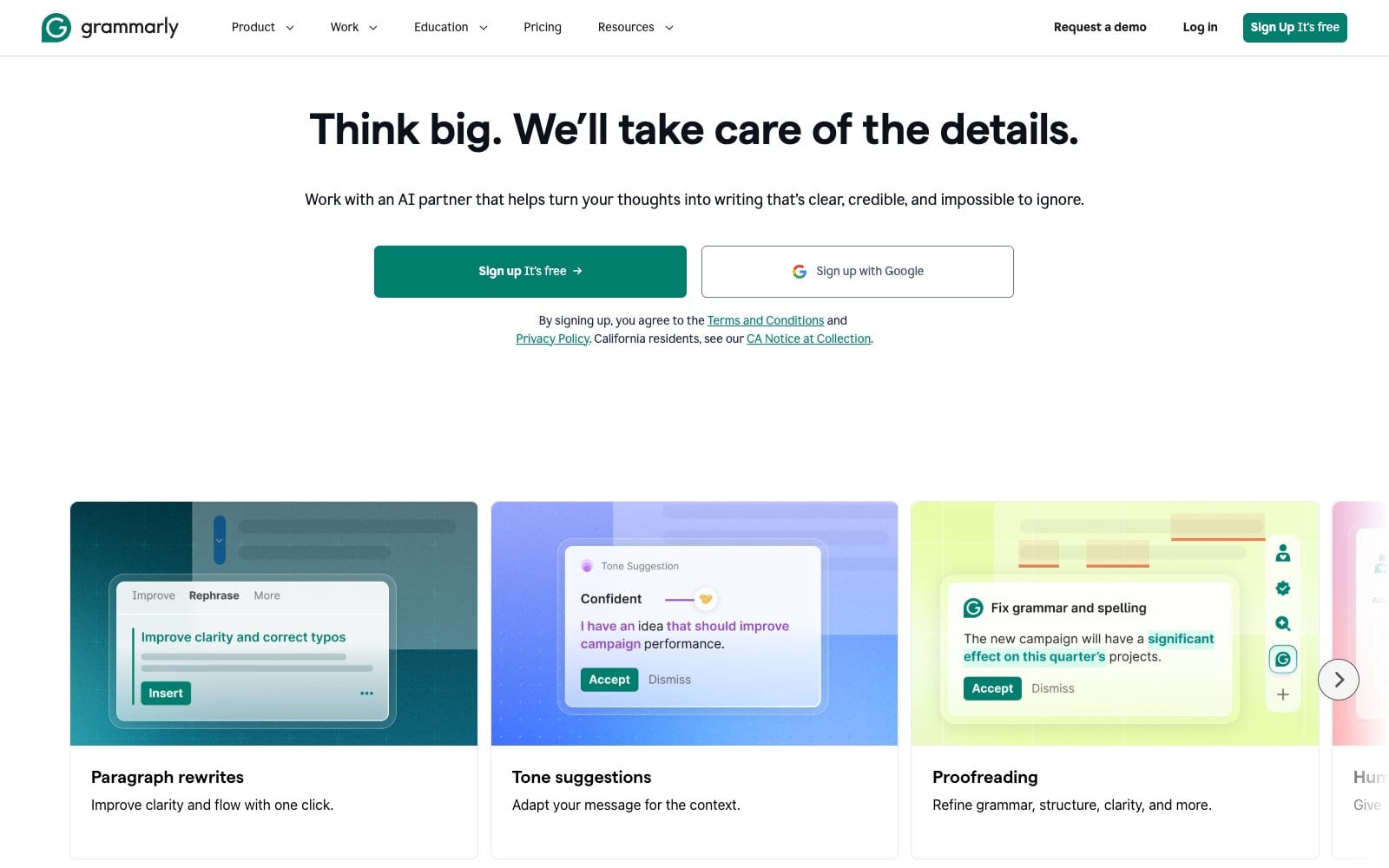 Grammarly home page introducing the AI writing partner