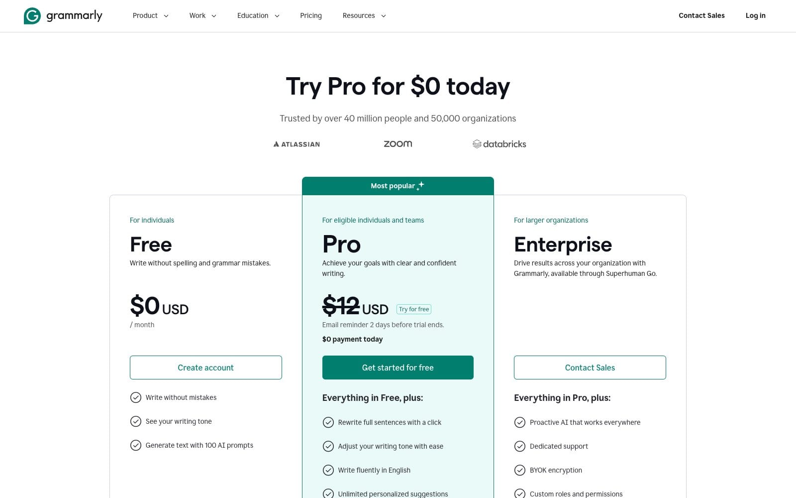 Grammarly pricing page comparing the Free, Pro and Enterprise plans