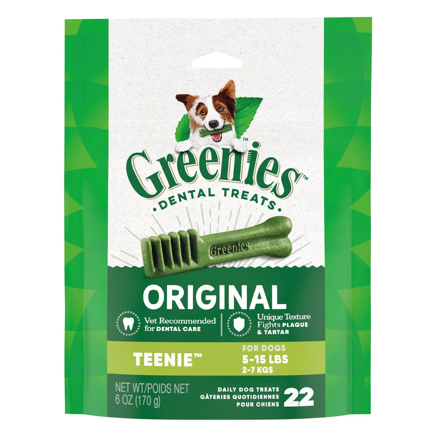 Greenies dental chews in Teenie, Petite, Regular and Large sizes side by side