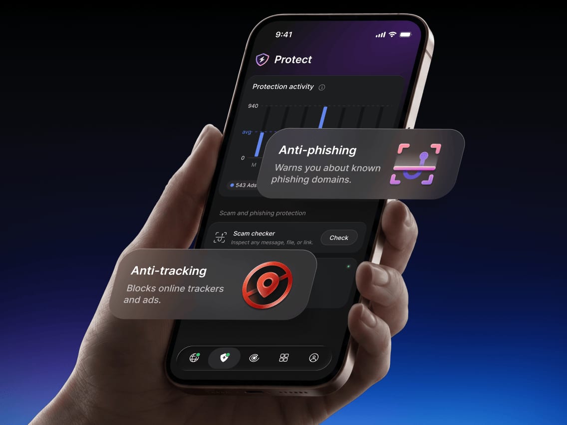 NordVPN Threat Protection dashboard with blocked trackers and malware counts