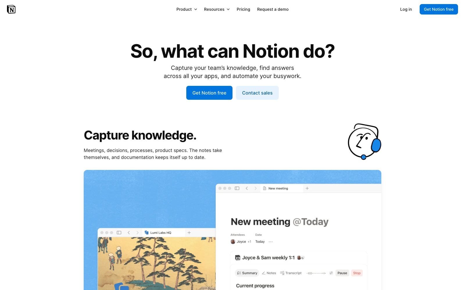 Notion features page showing databases, docs and AI tools