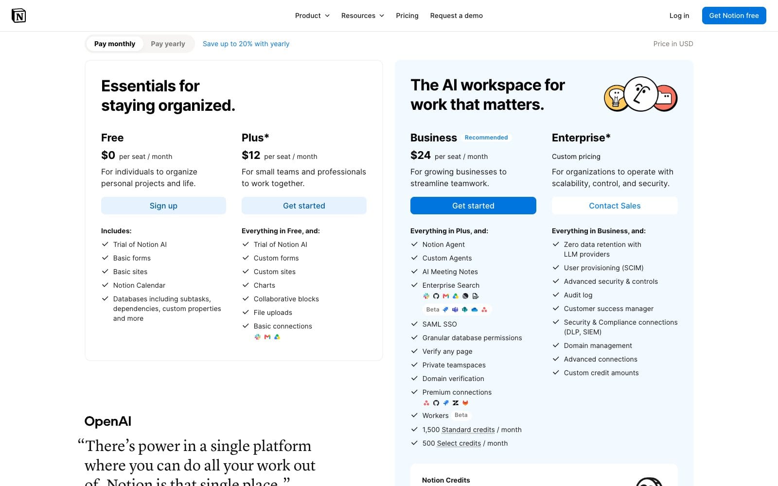 Notion pricing page comparing the Free, Plus, Business and Enterprise plans
