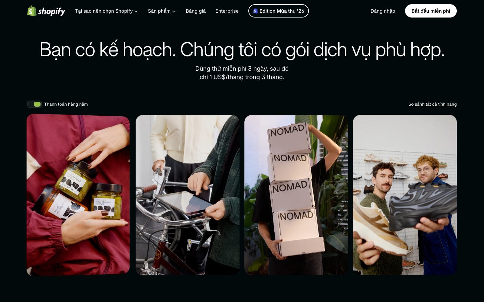 Shopify pricing page comparing the monthly plan tiers