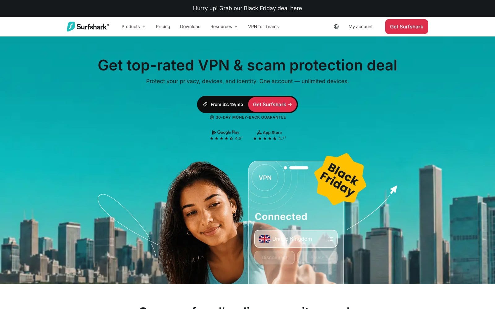 Surfshark home page with the one-account, unlimited-devices pitch