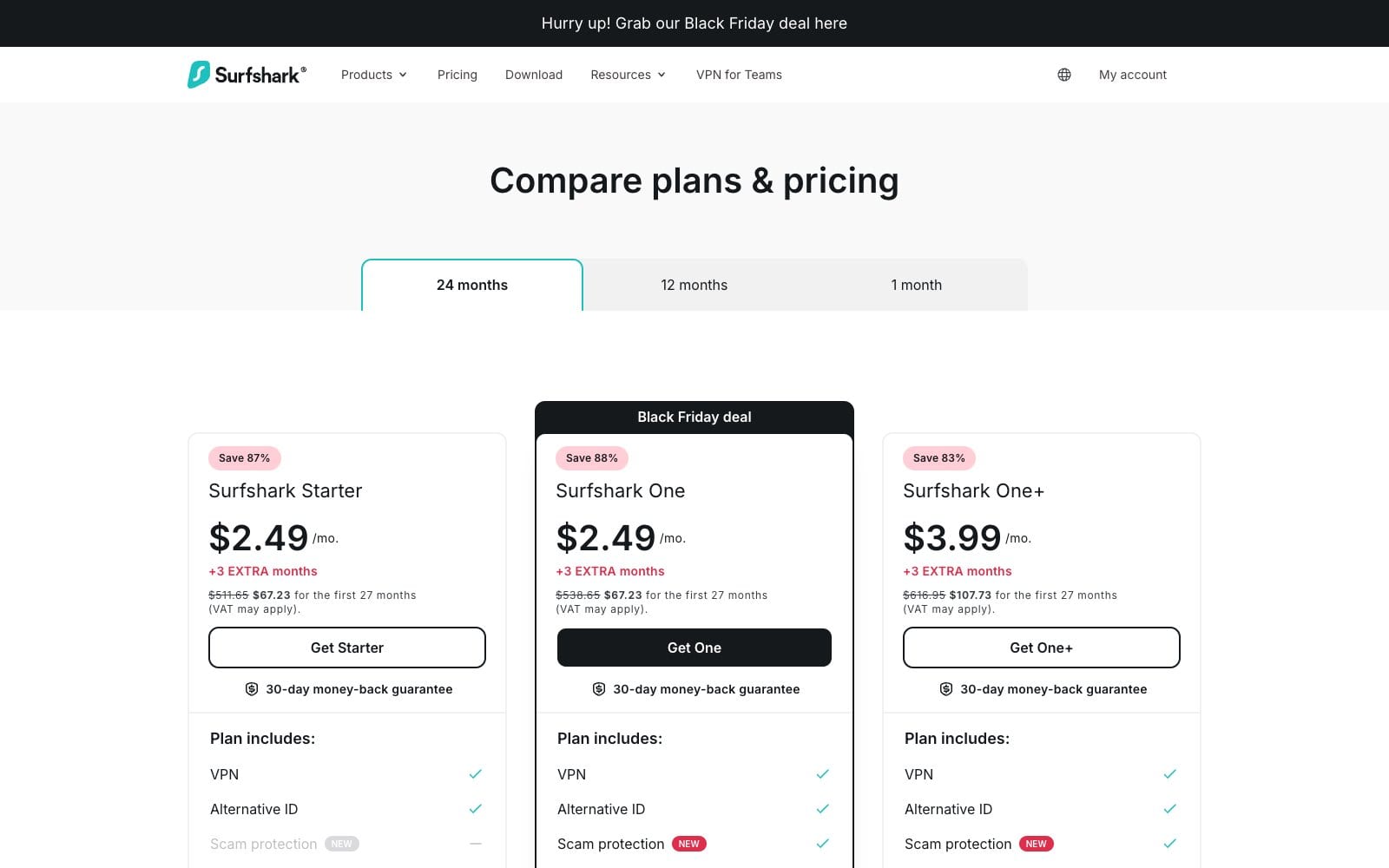 Surfshark pricing page showing the Starter, One and One+ plans