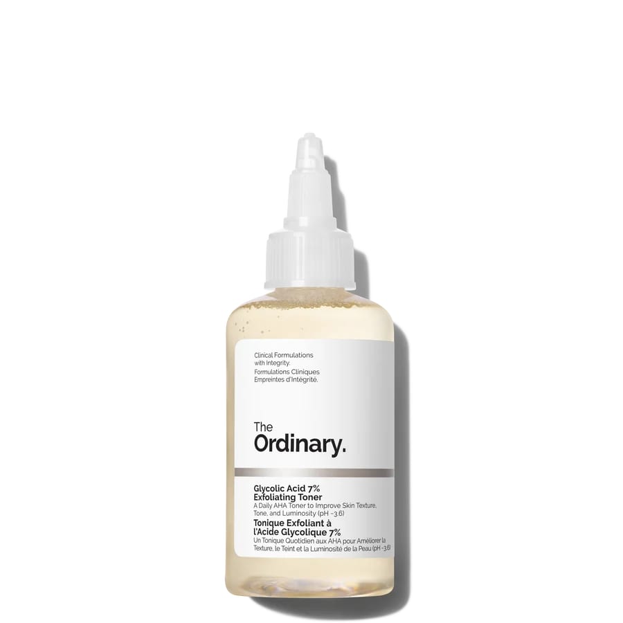 The Ordinary Glycolic Acid Toner bottle on a bathroom shelf