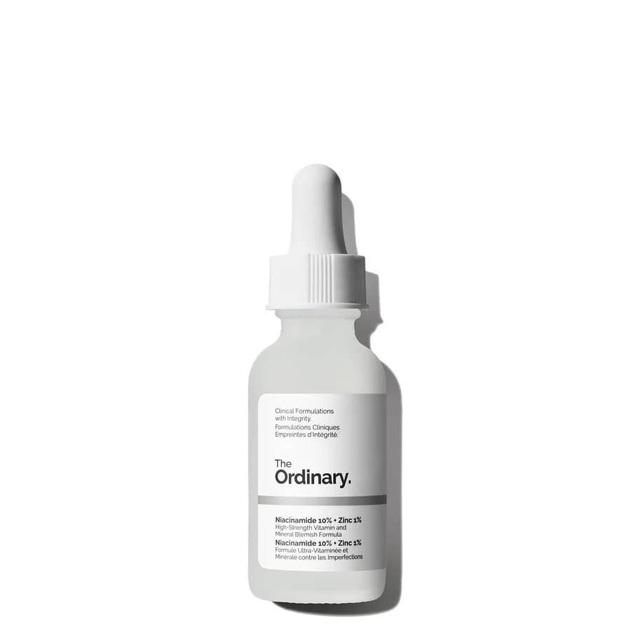 The Ordinary Niacinamide serum bottle with dropper on a white background