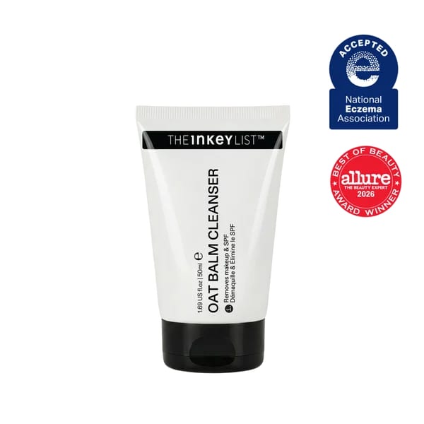 The INKEY List Oat Cleansing Balm and Hyaluronic Acid Serum on a shelf
