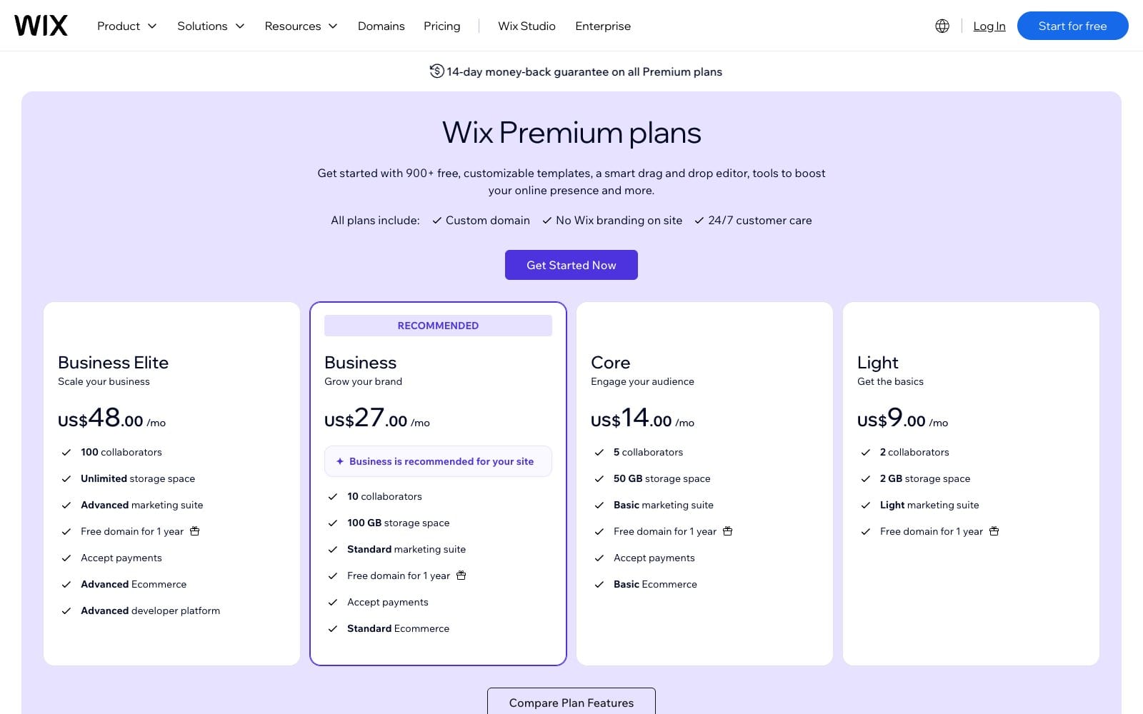 Wix pricing page comparing the Light, Core, Business and Business Elite plans